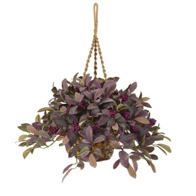 Nearly Natural 28 in. Fall Laurel Leaf with Berries Artificial Plant in Hanging Basket