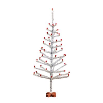 Nearly Natural 4 ft. Artificial Retro Silver Tinsel Christmas Tree with 50 Red Mini Ornament Balls and Wooden Base