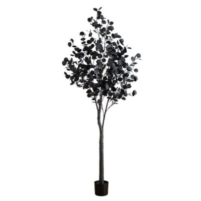 Nearly Natural 7 ft. Pre-Lit Artificial Halloween Black Eucalyptus Tree with 420 Orange & Purple LED Lights