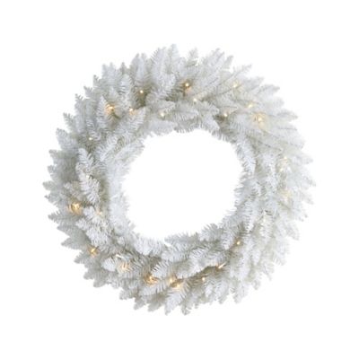 Nearly Natural 24 in. White Colorado Spruce Artificial Christmas Wreath with 179 Bendable Branches and 35 Warm LED Lights
