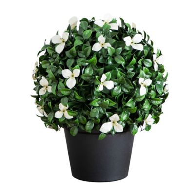 Nearly Natural 15 in. UV Resistant Artificial Boxwood and Gardenia Topiary Plant (Indoor/Outdoor)