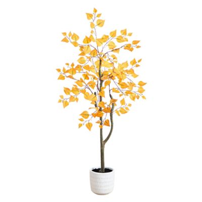 Nearly Natural 4 ft. Autumn Birch Artificial Fall Tree in White Decorative Planter