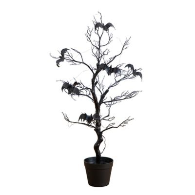 Nearly Natural 3 ft. Pre-Lit Artificial Halloween Black Spooky Twig Tree with Bats and 100 Orange & Purple LED Lights