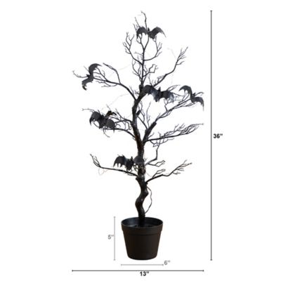Image showing  3 ft. Pre-Lit Artificial Halloween Black Spooky Twig Tree with Bats and 100 Orange & Purple LED Lights