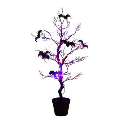 Image showing  3 ft. Pre-Lit Artificial Halloween Black Spooky Twig Tree with Bats and 100 Orange & Purple LED Lights