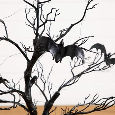 Image showing  3 ft. Pre-Lit Artificial Halloween Black Spooky Twig Tree with Bats and 100 Orange & Purple LED Lights