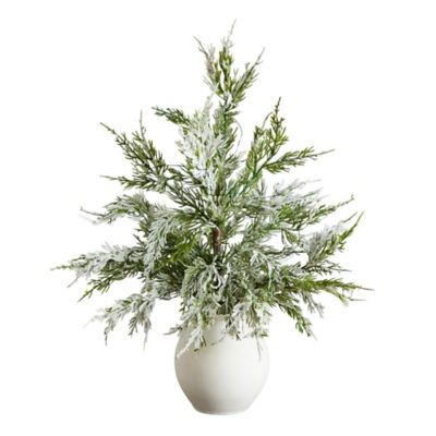 Nearly Natural 18 in. Pre-Lit Artificial Mini Snowed Cypress Christmas Tree with 12 LED Lights in White Ceramic Planter