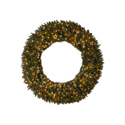 Nearly Natural 5 ft. Large Flocked Artificial Christmas Wreath with Pinecones, Berries, Clear Lights and Bendable Branches
