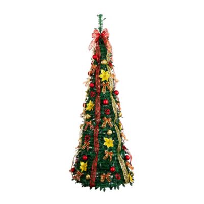 Nearly Natural 6 ft. Pre-Lit Artificial Pop up Christmas Tree with Red & Gold Ornaments, Ribbons and 150 Warm White LED Lights