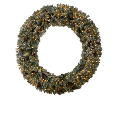 Nearly Natural 6 ft. Giant Flocked Christmas Artificial Wreath with Pinecones, 600 Clear LED Lights and 1000 Bendable Branches