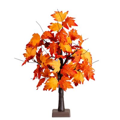 Nearly Natural 2 ft. Pre-Lit Bright Autumn Maple Artificial Fall Tree with 24 Warm White LED Lights and Detachable Base