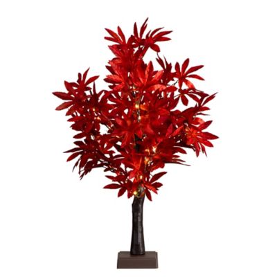 Nearly Natural 2 ft. Pre-Lit Red Autumn Maple Artificial Fall Tree with 50 Warm White LED Lights and Detachable Base