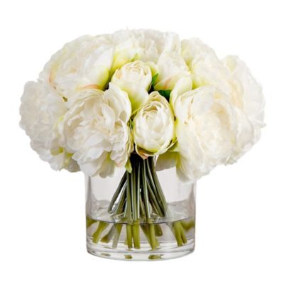 Nearly Natural Wedding Collection 11 in. Artificial Peony Arrangement in Glass Vase