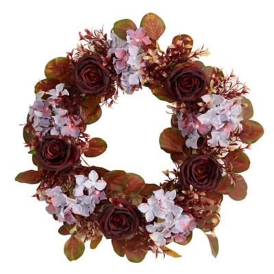 Nearly Natural 22 in. Fall Hydrangea and Rose Autumn Artificial Wreath