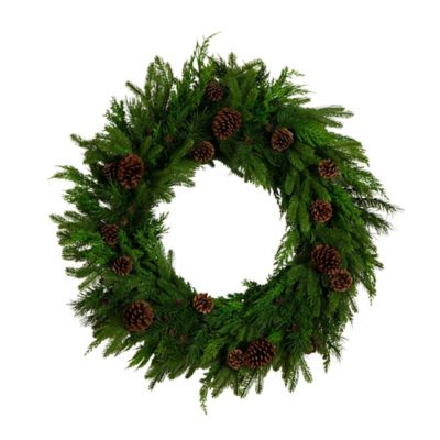 Nearly Natural 30 in. Artificial Norfolk Mixed Pine Wreath with Pinecones