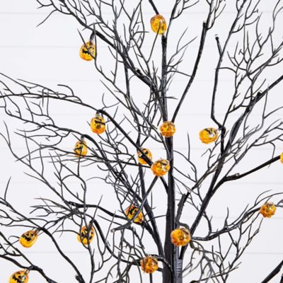 Image showing  4 ft. Pre-Lit Artificial Halloween Black Twig Tree with 24 Orange LED Pumpkin Shaped Lights