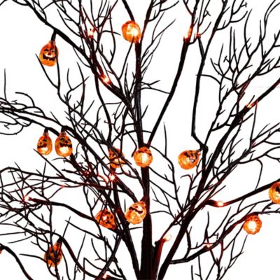 Image showing  4 ft. Pre-Lit Artificial Halloween Black Twig Tree with 24 Orange LED Pumpkin Shaped Lights