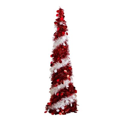 Nearly Natural 4 ft. Pre-Lit Pop up Red & White Tinsel Christmas Tree with 50 Multicolored LED Lights