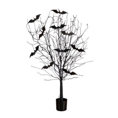 Nearly Natural 4 ft. Pre-Lit Artificial Halloween Black Twig Tree with Bats and 50 Orange LED Lights