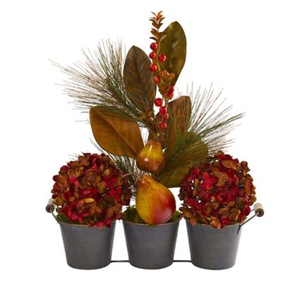 Nearly Natural 17 in. Fall Hydrangea, Pears, and Magnolia Leaf Artificial Arrangement in Trio Metal Vase