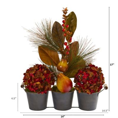 Image showing  17 in. Fall Hydrangea, Pears, and Magnolia Leaf Artificial Arrangement in Trio Metal Vase