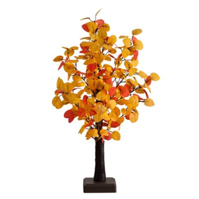 Nearly Natural 21 in. Pre-Lit Bright Autumn Eucalyptus Artificial Fall Tree with 50 Warm White LED Lights and Detachable Base