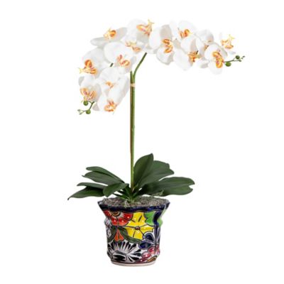 Nearly Natural 26 in. Artificial Double Orchid Arrangement in Handmade Mexican Talavera Ceramic Planter