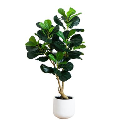 Nearly Natural 4 ft. Artificial Lush Fiddle Leaf Tree in Decorative White Planter