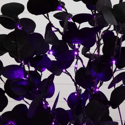 Image showing  4 ft. Pre-Lit Artificial Halloween Black Eucalyptus Tree with 160 Orange & Purple LED Lights