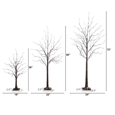 Image showing  3 ft., 5 ft. and 6 ft. Artificial Brown Birch Trees with Warm White LED Lights - Set of 3