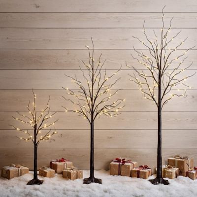 Image showing  3 ft., 5 ft. and 6 ft. Artificial Brown Birch Trees with Warm White LED Lights - Set of 3