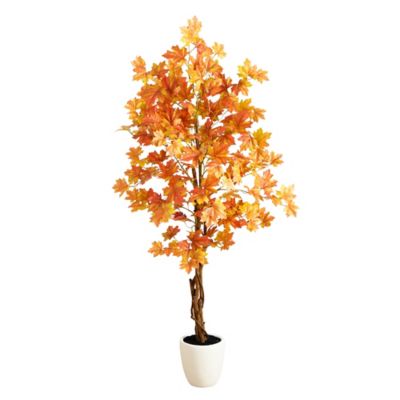 Nearly Natural 5 ft. Artificial Fall Double Trunk Maple Autumn Tree in Decorative White Planter