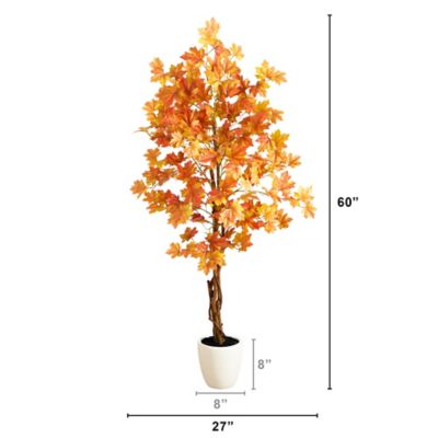 Image showing  5 ft. Artificial Fall Double Trunk Maple Autumn Tree in Decorative White Planter