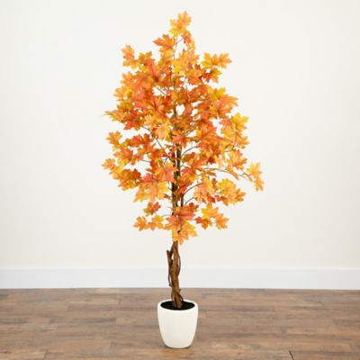 Image showing  5 ft. Artificial Fall Double Trunk Maple Autumn Tree in Decorative White Planter