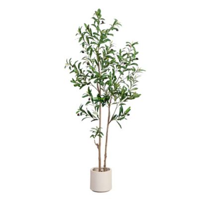 Nearly Natural 5 ft. Artificial Minimalist Olive Tree in White Decorative Planter