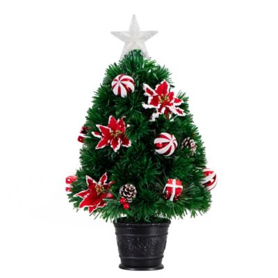 Nearly Natural 24 in. Pre-Lit Fiber Optic Artificial Christmas Tree with Ornaments, Poinsettia and Star Topper
