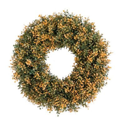 Image showing  18 in. Pre-Lit Autumn Boxwood Artificial Fall Wreath with 25 Warm White LED Lights