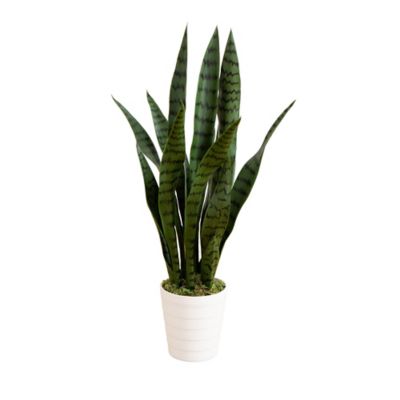 Nearly Natural 2 ft. UV Resistant Artificial Sansevieria Plant in White Decorative Planter (Indoor/Outdoor)