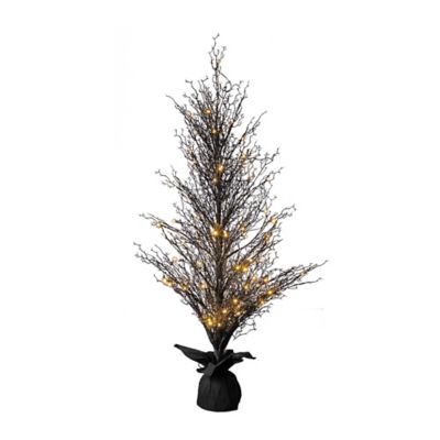 Image showing  5 ft. Pre-Lit Halloween Black Twig Artificial Fall Tree in Burlap Planter with 85 Warm White LED Lights