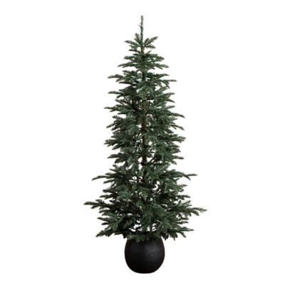 Nearly Natural 6 ft. Pre-Lit Artificial Pine Christmas Tree in Round Black Decorative Planter with 60 Warm White LED Lights