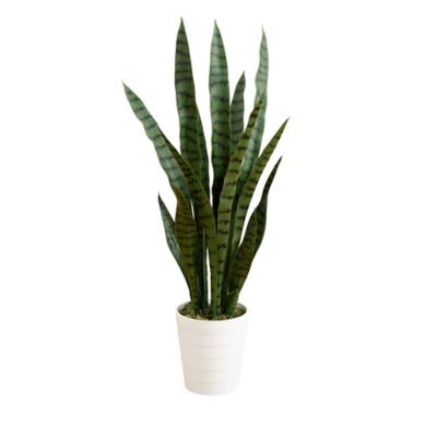 Nearly Natural 3 ft. UV Resistant Artificial Sansevieria Plant in White Decorative Planter (Indoor/Outdoor)