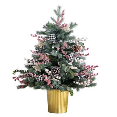 Nearly Natural 3 ft. Pre-Lit Artificial Snow Covered Decorative Christmas Tree in Golden Planter & 80 Color Changing LED Lights