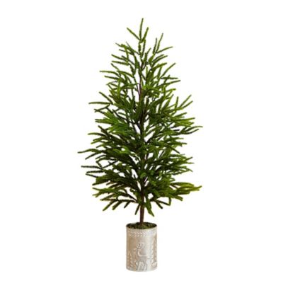 Nearly Natural 32 in. Artificial Real Touch Norfolk Island Pine in Christmas Tin Metal Planter with Natural Look