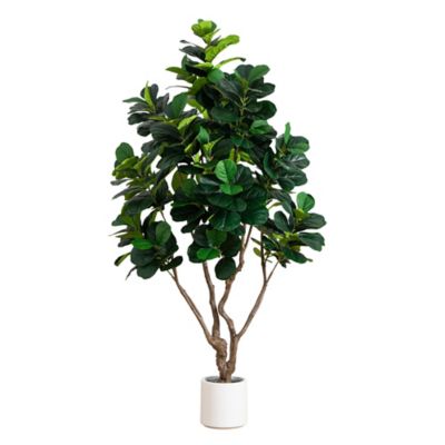 Nearly Natural 8 ft. Artificial Grand Fiddle Leaf Tree in White Decorative Planter