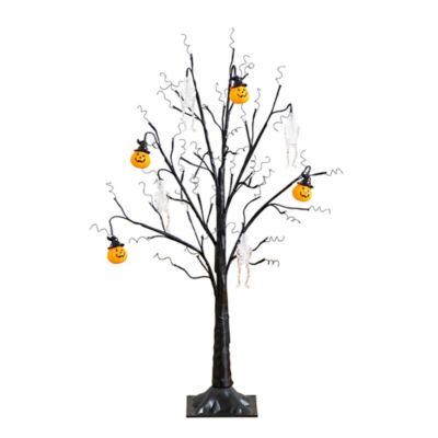 Nearly Natural 3 ft. Pre-Lit Artificial Halloween Pumpkins and Skulls Ornament Tree with 48 Warm White LED Lights