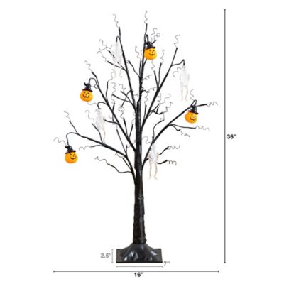 Image showing  3 ft. Pre-Lit Artificial Halloween Pumpkins and Skulls Ornament Tree with 48 Warm White LED Lights