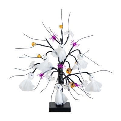 Nearly Natural 18 in. Pre-Lit Artificial Halloween Ghost Dolls, Spiders, Bats & Pumpkins 24 LED Lighted Ornament Tree