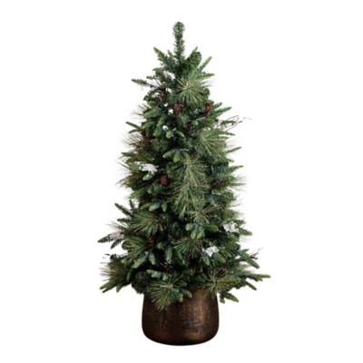 Nearly Natural 4 ft. Pre-Lit Artificial Mixed Pine Snowed Christmas Tree with Pinecones in Planter with 60 Warm White LED Lights