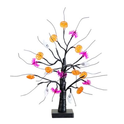 Nearly Natural 18 in. Pre-Lit Artificial Halloween Ghost, Bats & Pumpkins 24 LED Lighted Ornament Tree