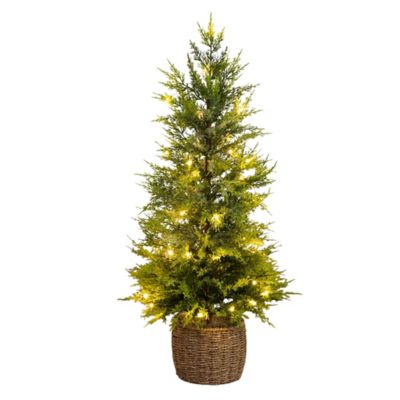 Nearly Natural 3 ft. Pre-Lit Artificial Lightly Snowed Cypress Christmas Tree with Warm White Lights in Weaved Basket